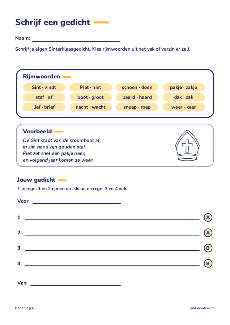 Schrijf een gedicht, sinterklaas werkblad om te printen