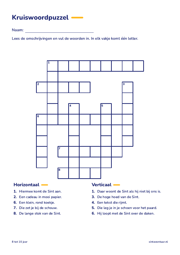 Kruiswoordpuzzel, sinterklaas werkblad om te printen