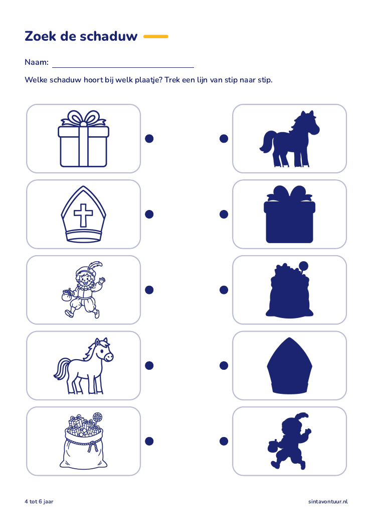 Zoek de schaduw, sinterklaas werkblad om te printen